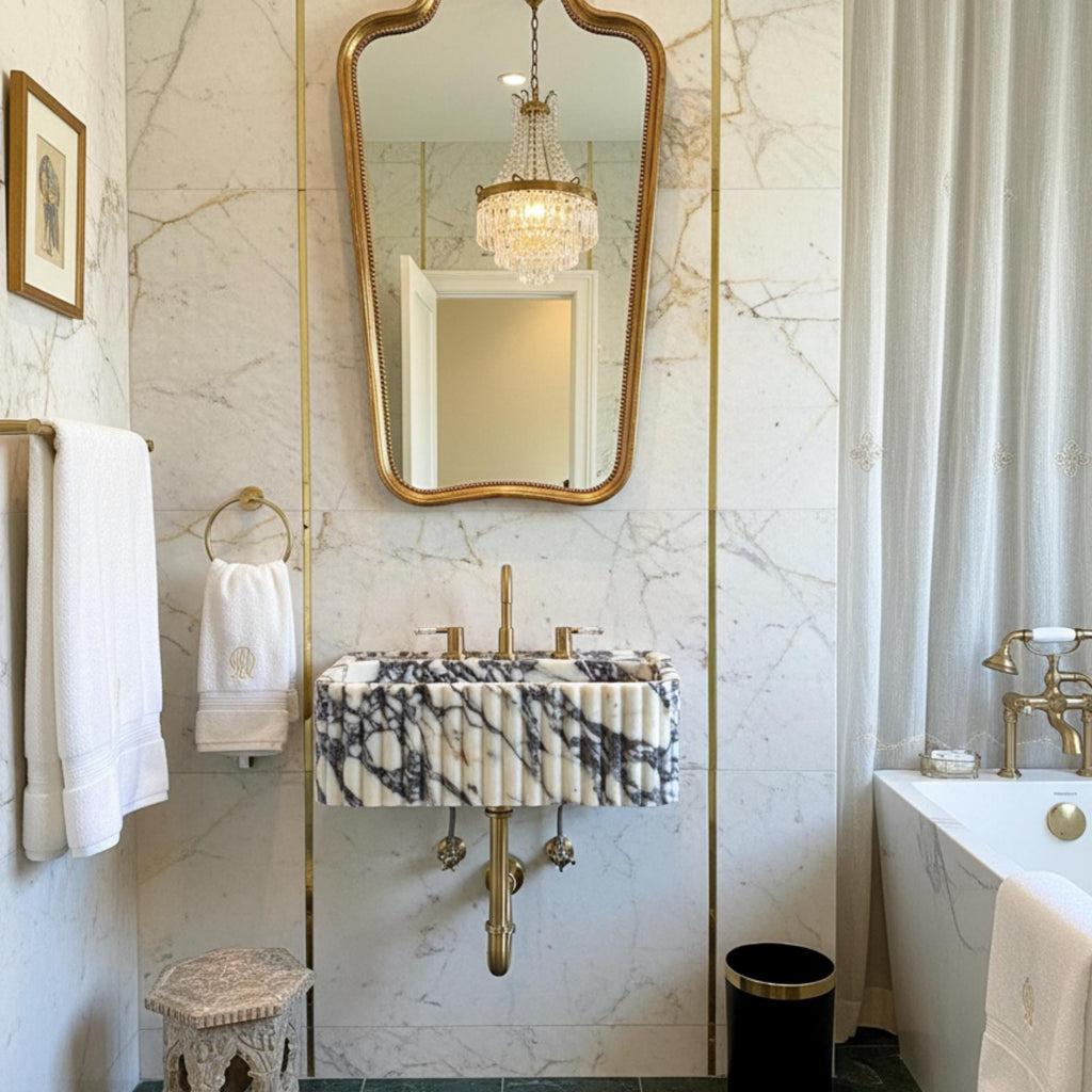 Viola Marble Sink, Grooved Front, Marble Sink Wall Mount, Calacatta Viola Marble Sink, Marble Bathroom Sink