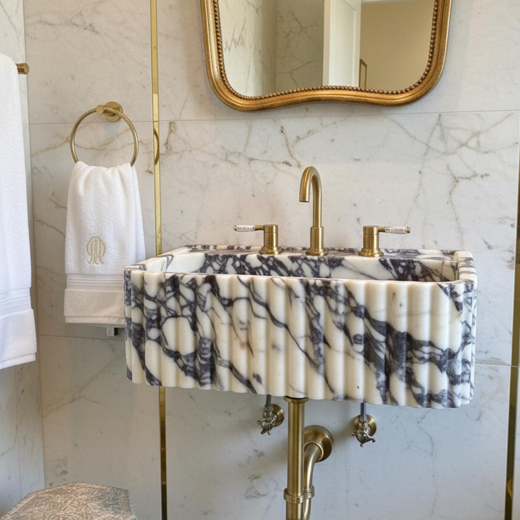 Viola Marble Sink, Grooved Front, Marble Sink Wall Mount, Calacatta Viola Marble Sink, Marble Bathroom Sink