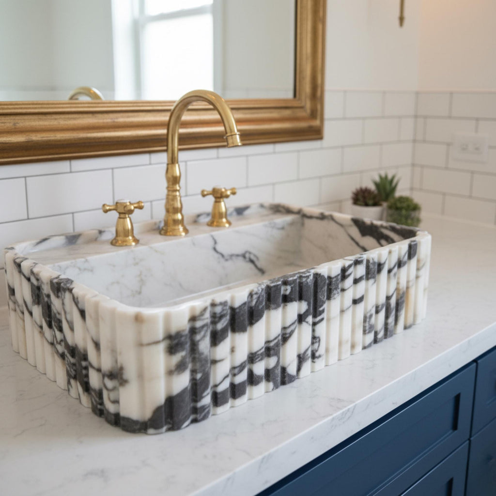 Powder Room Calacatta Viola Marble Sink Three Sides Ribbed Texture