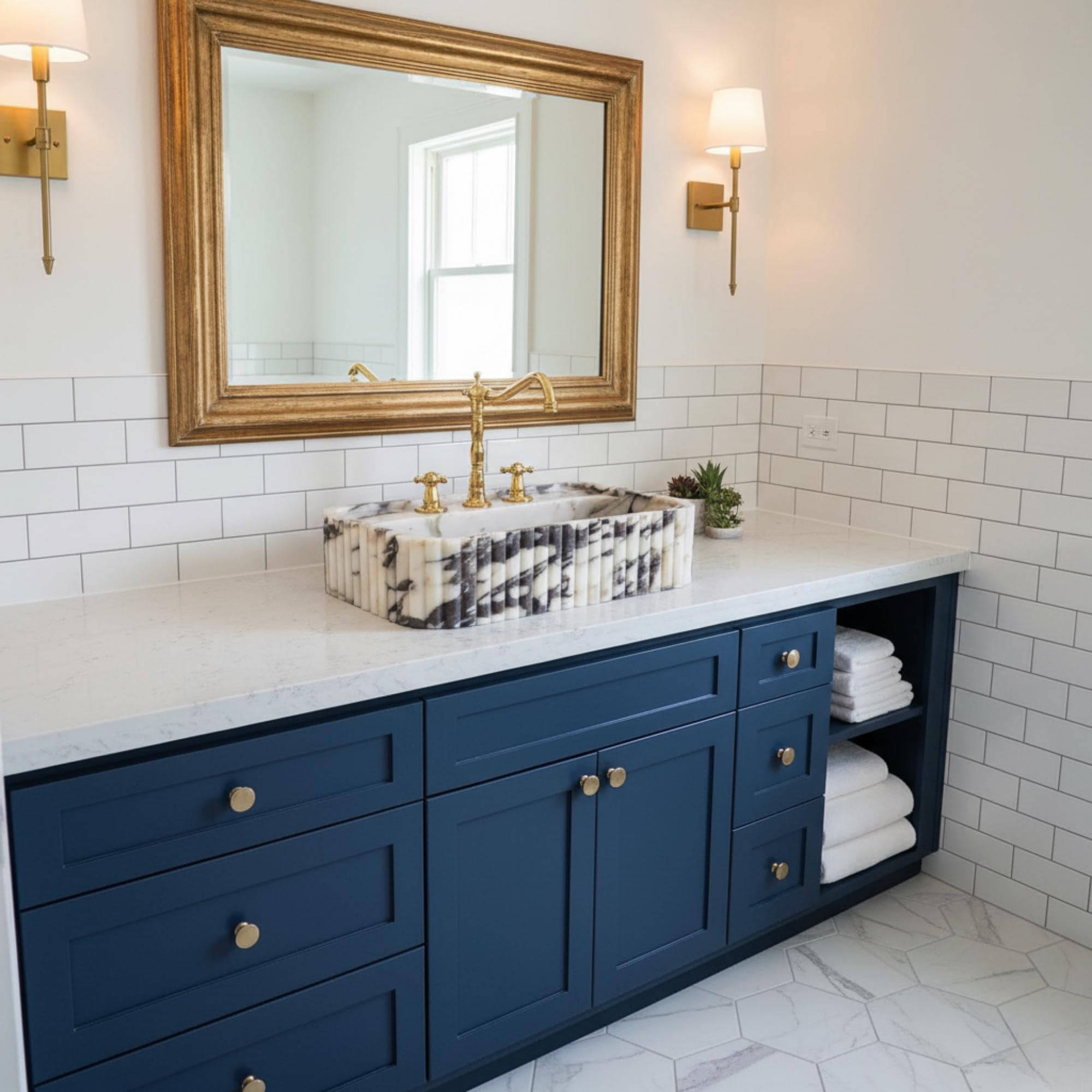 Powder Room Calacatta Viola Marble Sink Three Sides Ribbed Texture