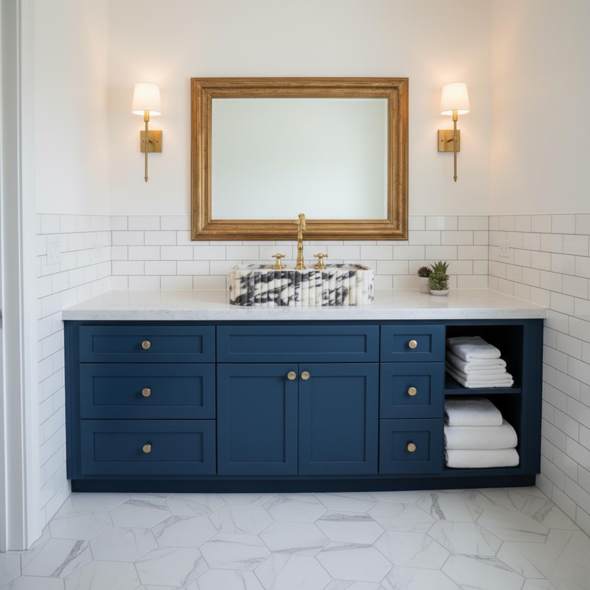 Powder Room Calacatta Viola Marble Sink Three Sides Ribbed Texture