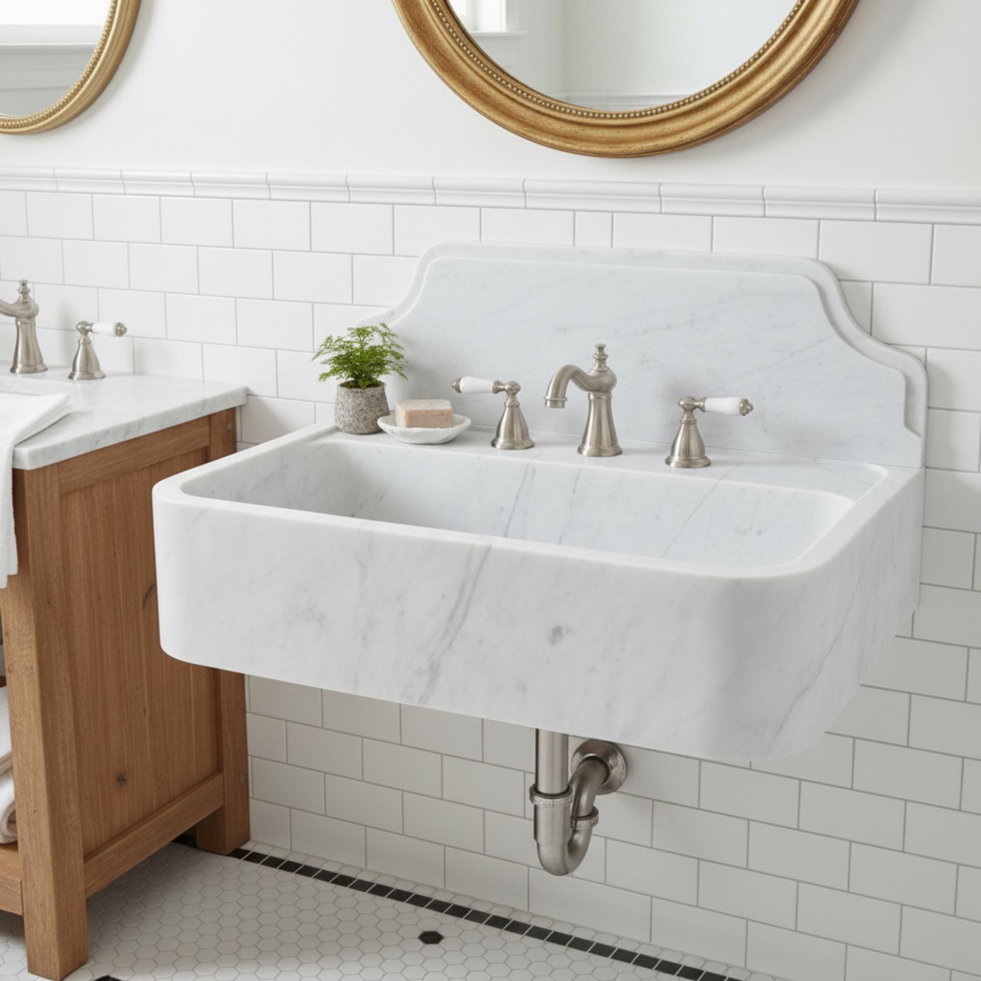 Handmade Carrara White Marble Wall Mounted Sink with Backsplash