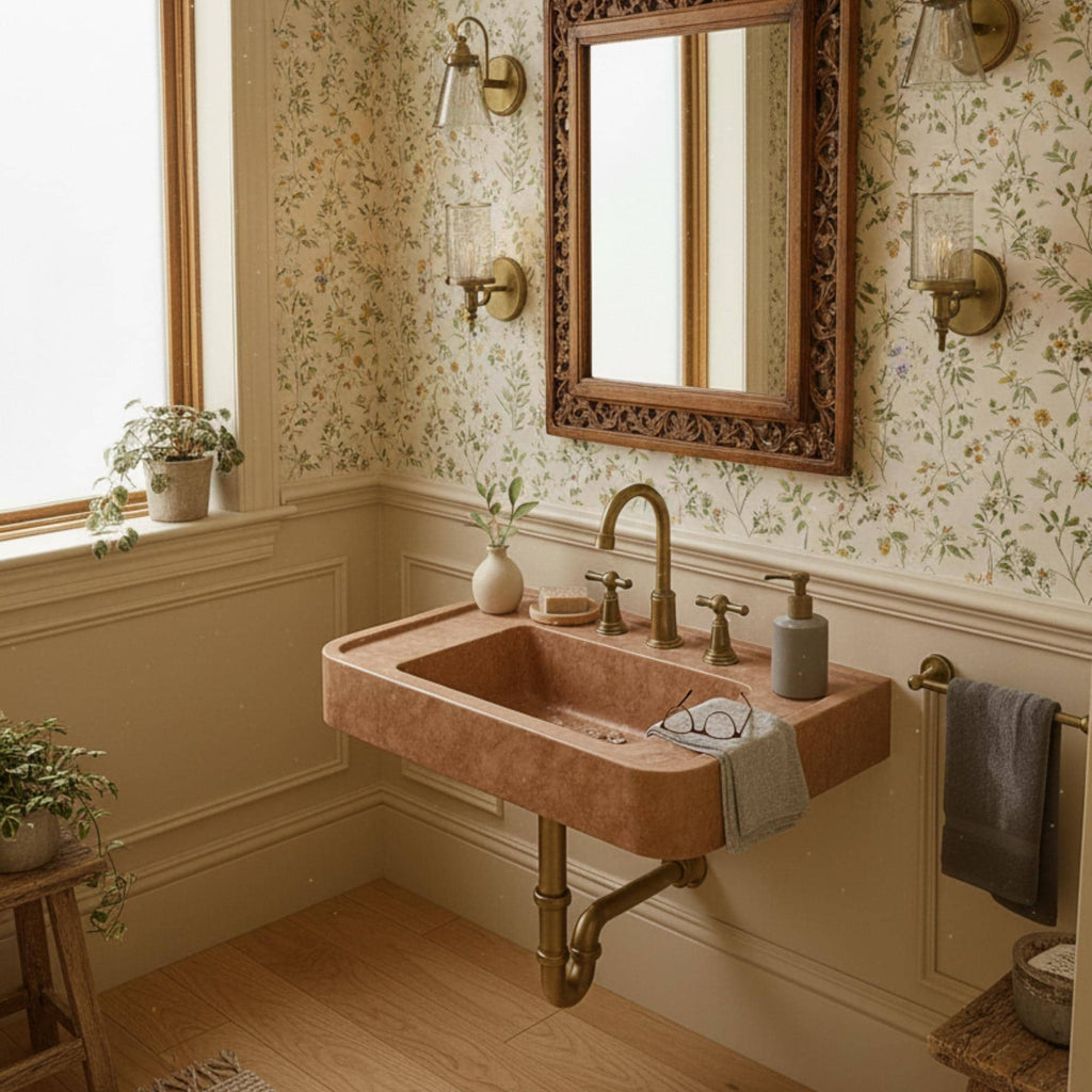 Red Travertine Marble Sink: Modern Wall-Mounted Floating Vanity