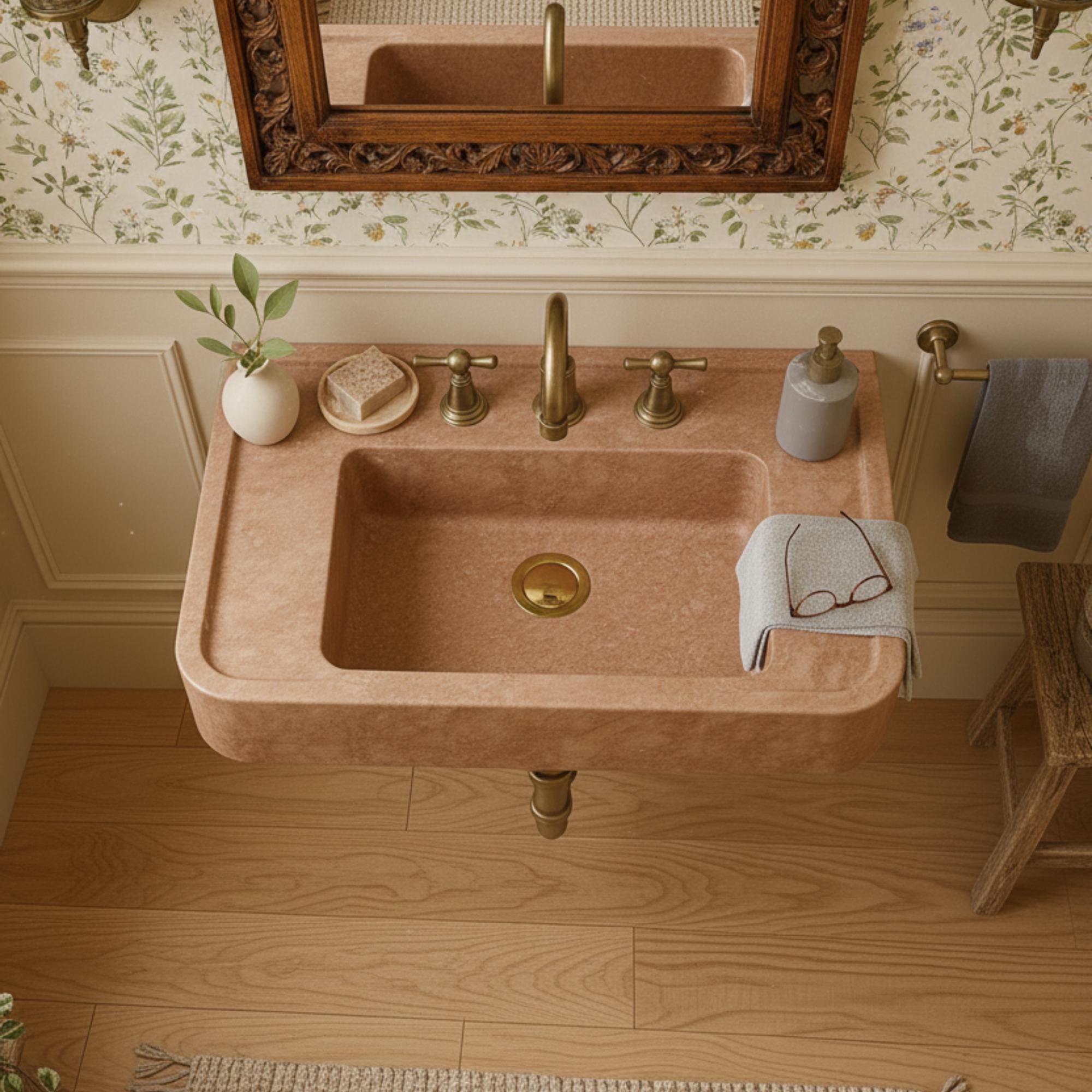 Red Travertine Marble Sink: Modern Wall-Mounted Floating Vanity