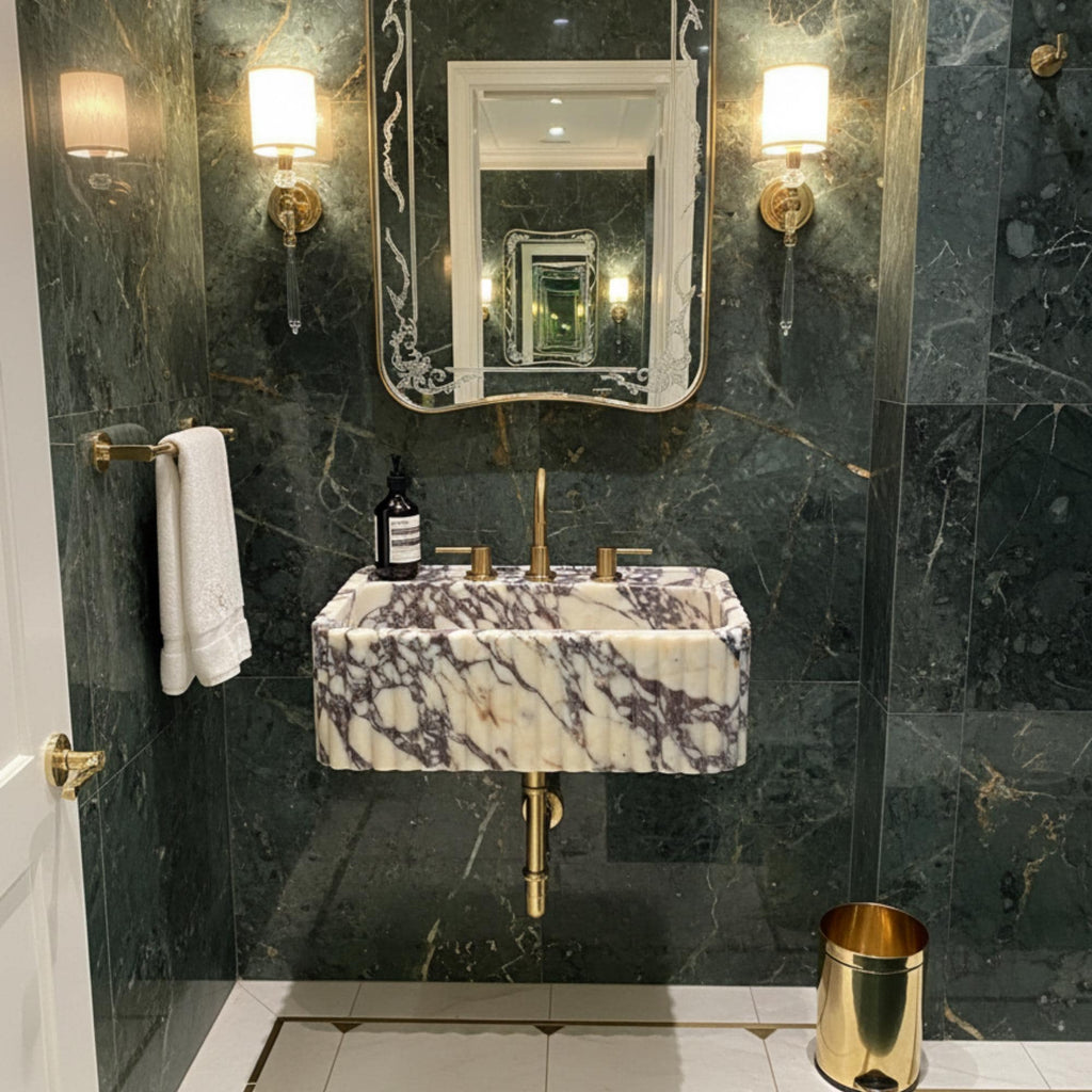 Viola Marble Sink, Grooved Front, Marble Sink Wall Mount, Calacatta Viola Marble Sink, Marble Bathroom Sink