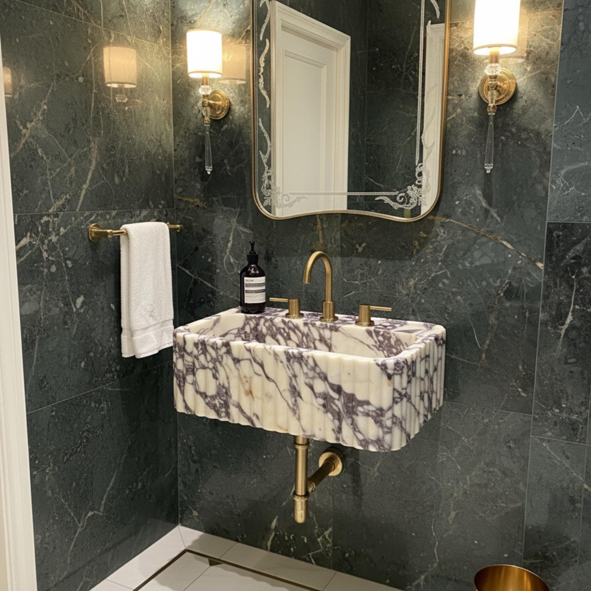 Viola Marble Sink, Grooved Front, Marble Sink Wall Mount, Calacatta Viola Marble Sink, Marble Bathroom Sink