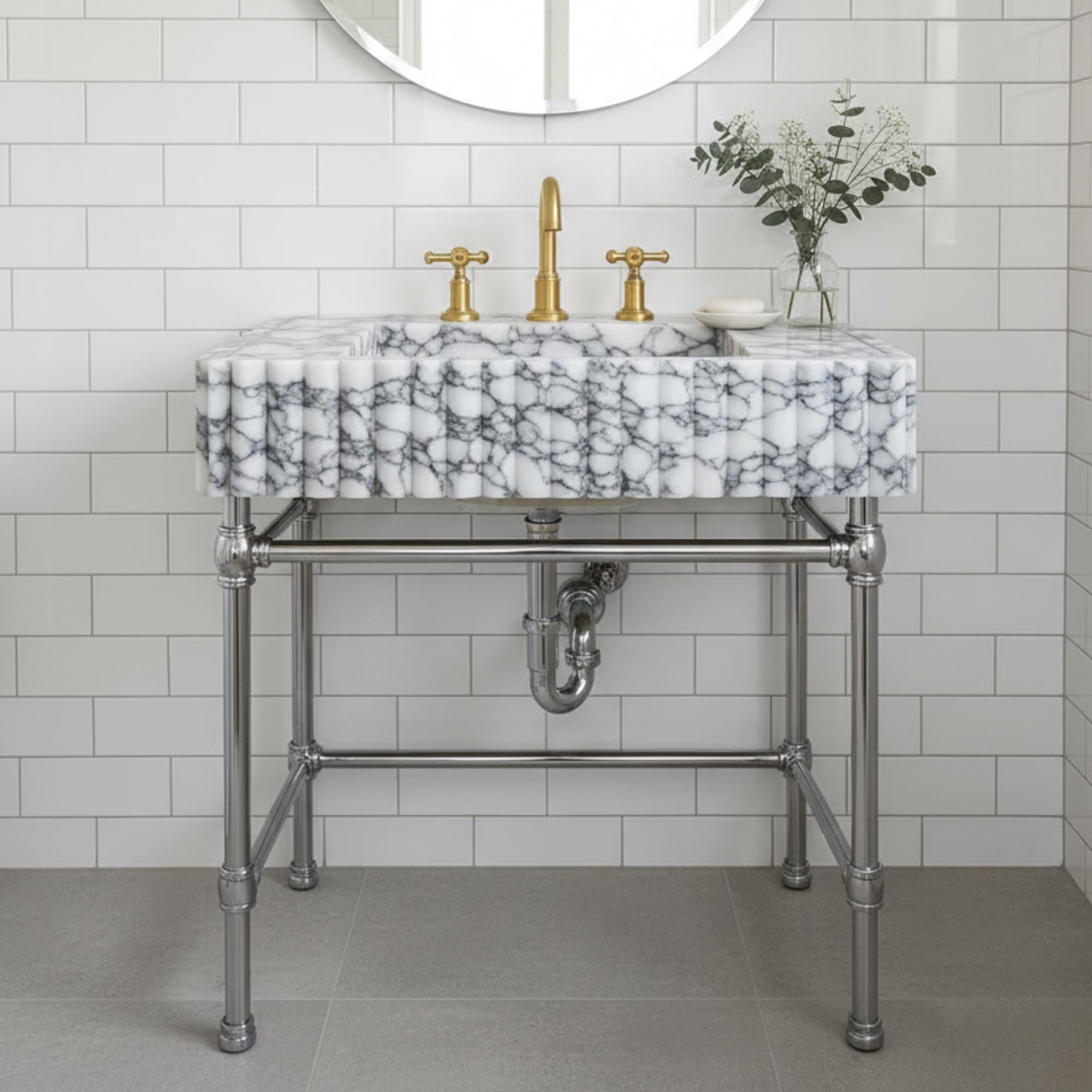 Handmade Calacatta Viola Marble Sink with Brass Legs, Powder Room Sink