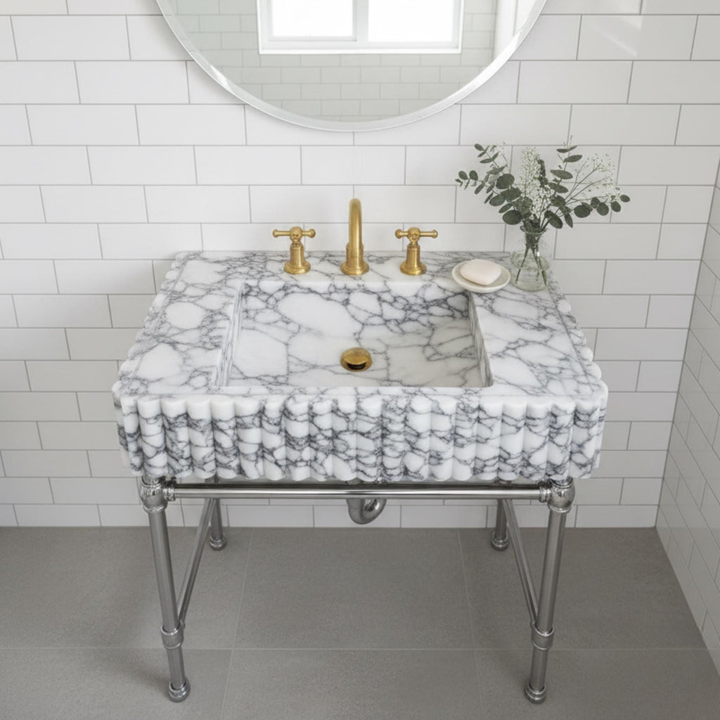 Handmade Calacatta Viola Marble Sink with Brass Legs, Powder Room Sink
