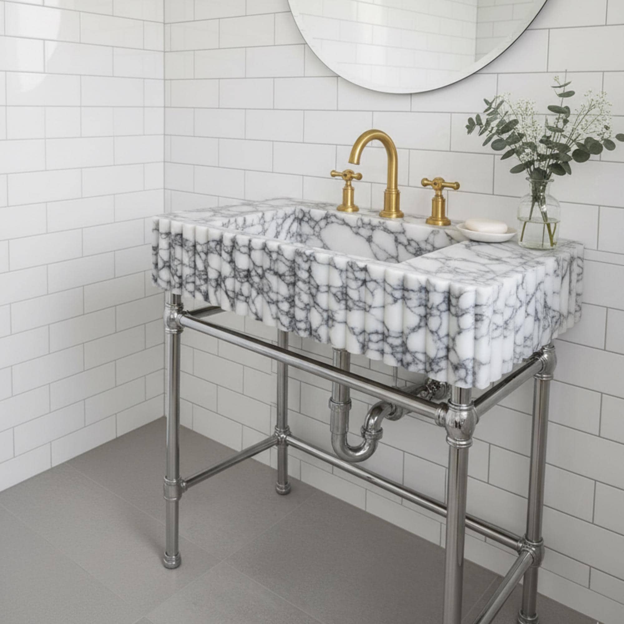 Handmade Calacatta Viola Marble Sink with Brass Legs, Powder Room Sink