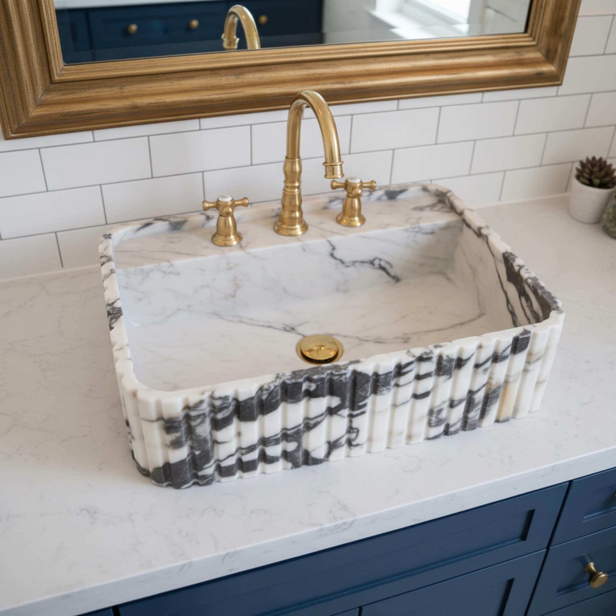 Powder Room Calacatta Viola Marble Sink Three Sides Ribbed Texture