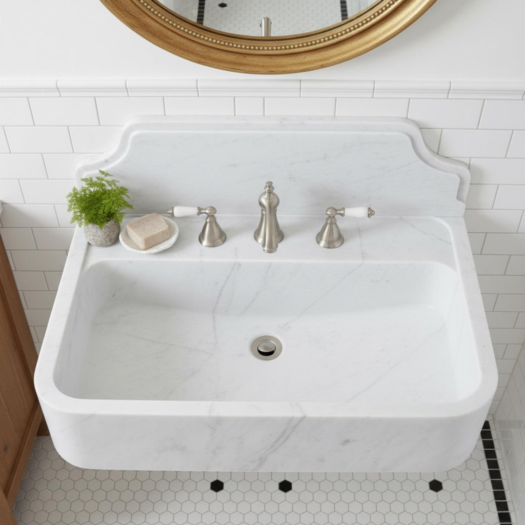 Handmade Carrara White Marble Wall Mounted Sink with Backsplash