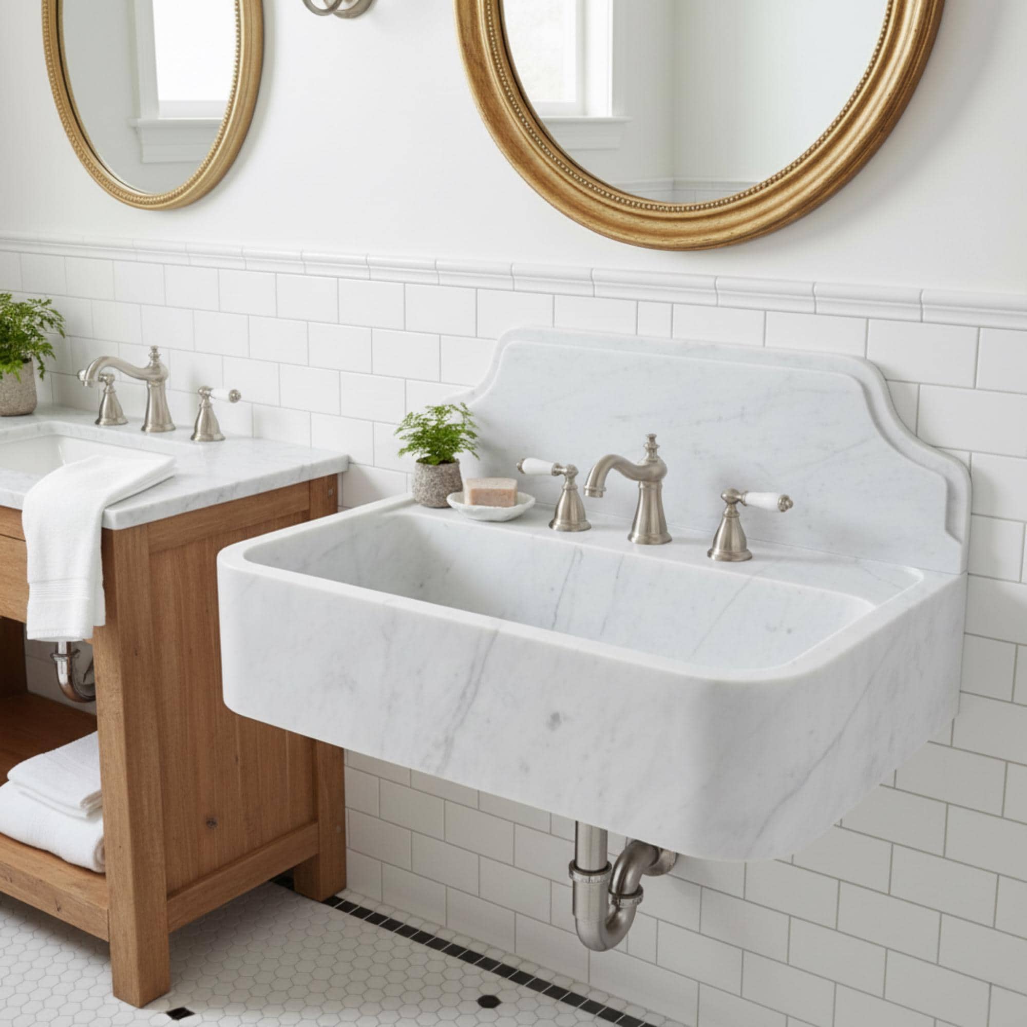 Handmade Carrara White Marble Wall Mounted Sink with Backsplash