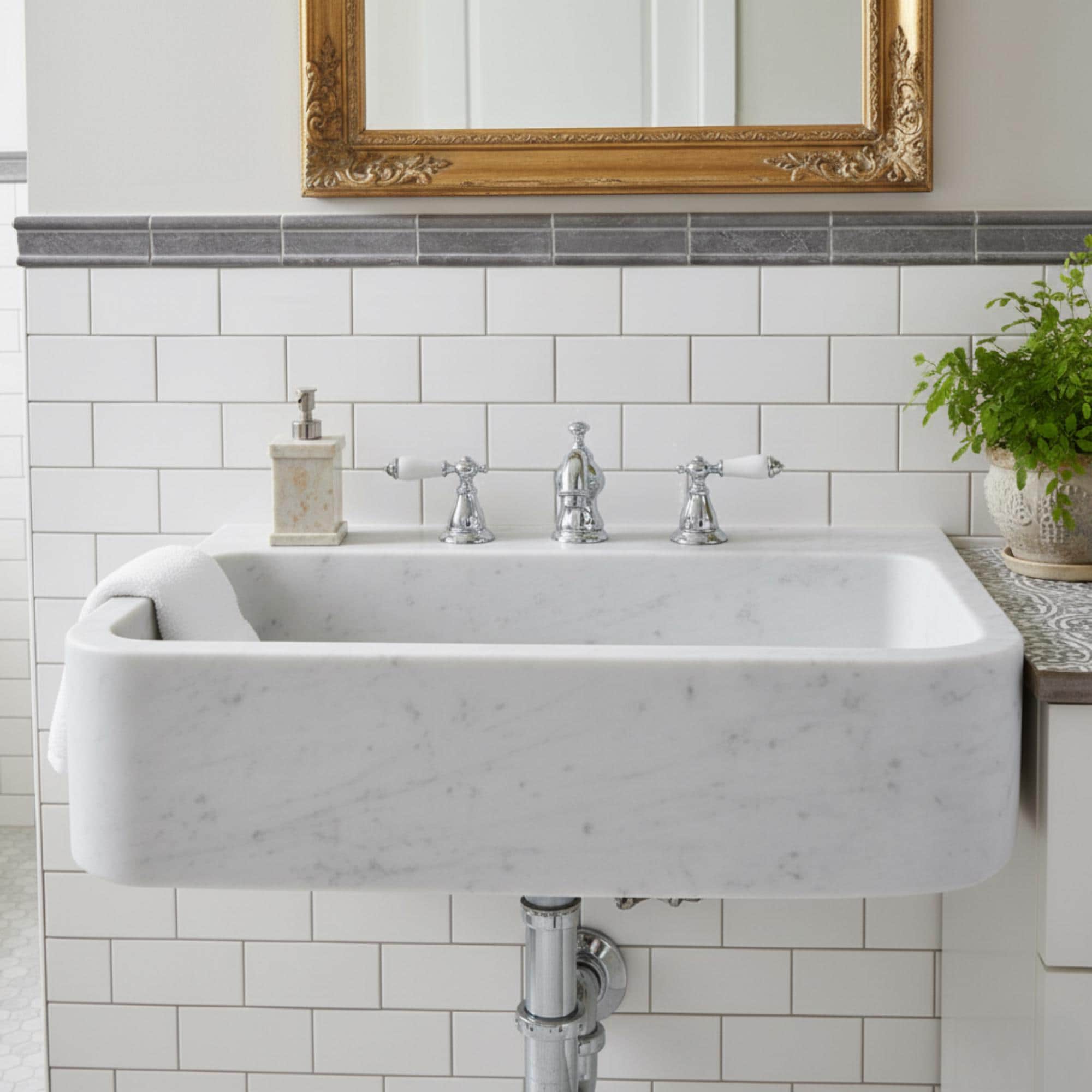 Fluted Carrara White Marble Sink Wall Mounted Vanity Basin, Basic Bathroom Sink