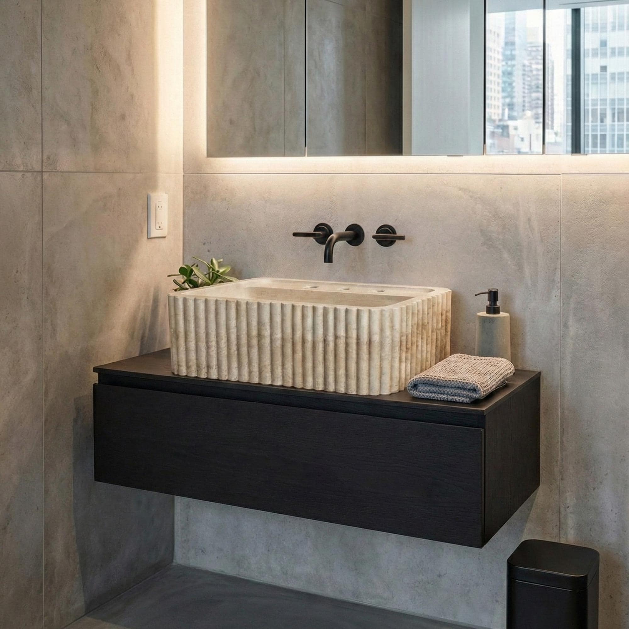 Custom Size Travertine Bathroom Sink, Powder Room Travertine Marble Sink Three Sides Ribbed Texture