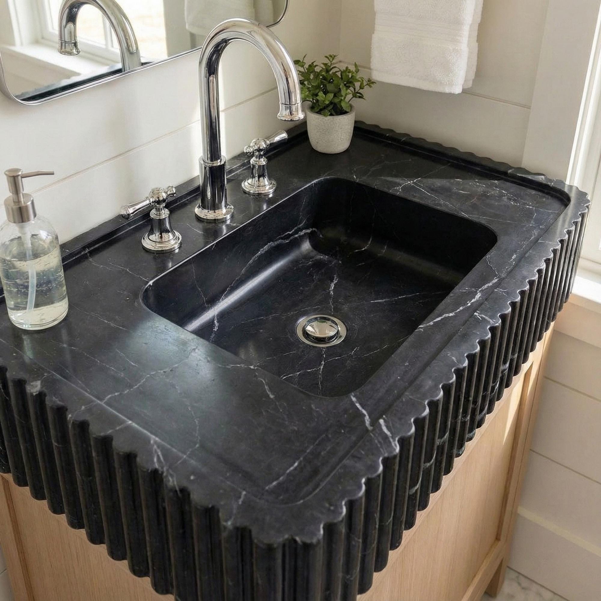 Black Marble Wall Mounted Sink, Luxury Stone Sink, Interior Design,  Black Marble Sink Three Sides Ribbed Texture