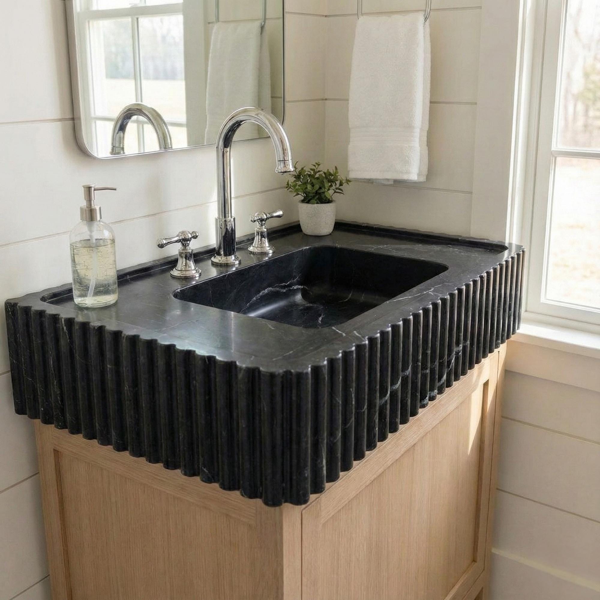 Black Marble Wall Mounted Sink, Luxury Stone Sink, Interior Design,  Black Marble Sink Three Sides Ribbed Texture