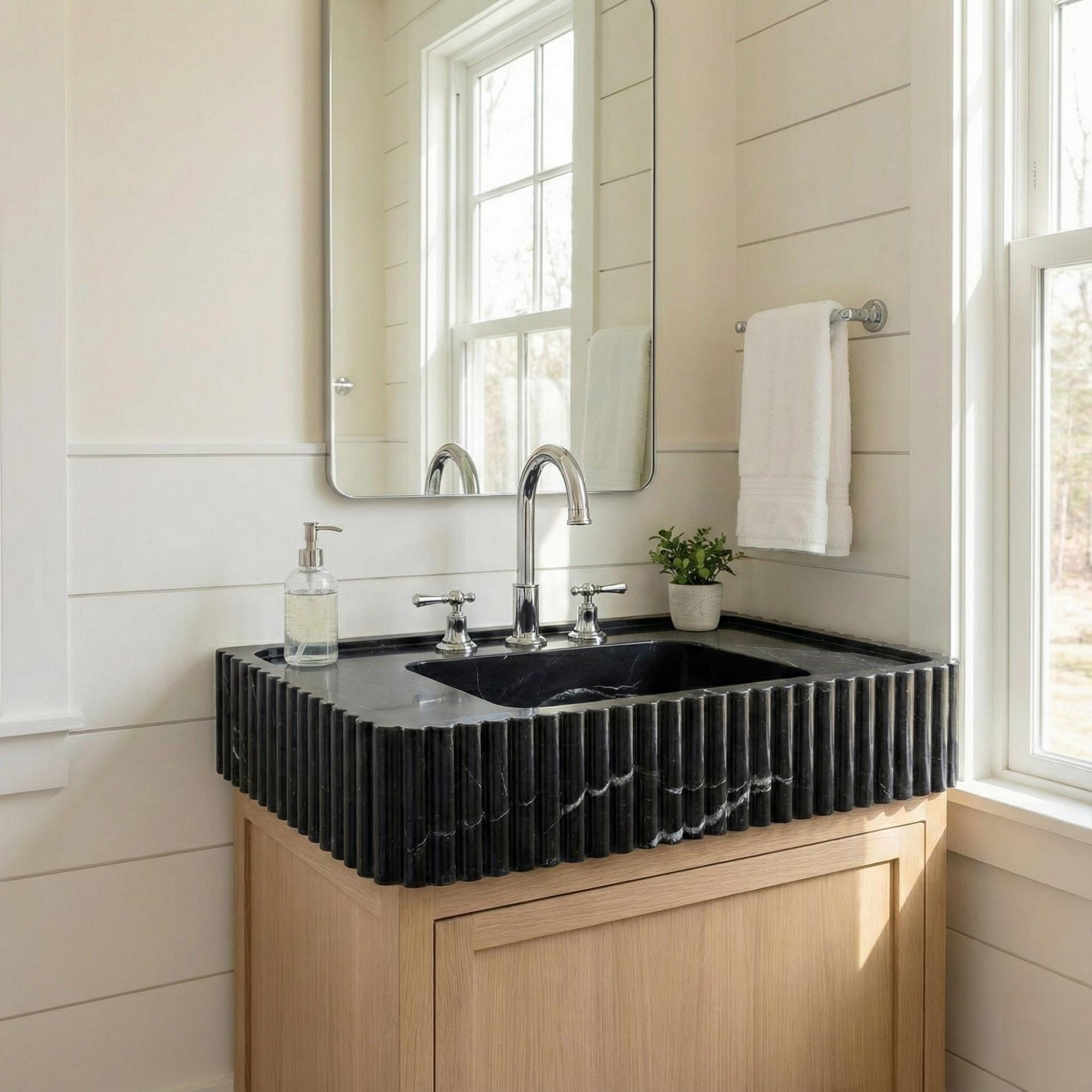 Black Marble Wall Mounted Sink, Luxury Stone Sink, Interior Design,  Black Marble Sink Three Sides Ribbed Texture