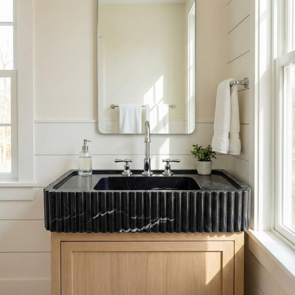 Black Marble Wall Mounted Sink, Luxury Stone Sink, Interior Design,  Black Marble Sink Three Sides Ribbed Texture