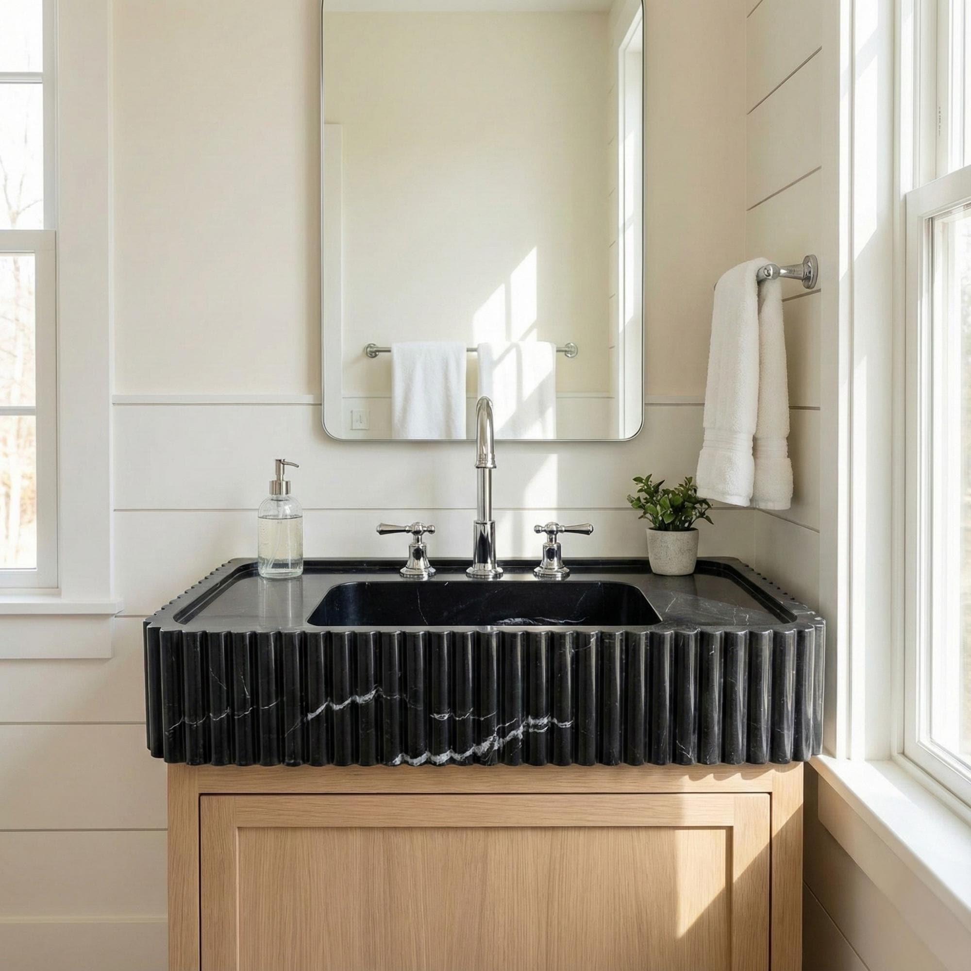 Black Marble Wall Mounted Sink, Luxury Stone Sink, Interior Design,  Black Marble Sink Three Sides Ribbed Texture