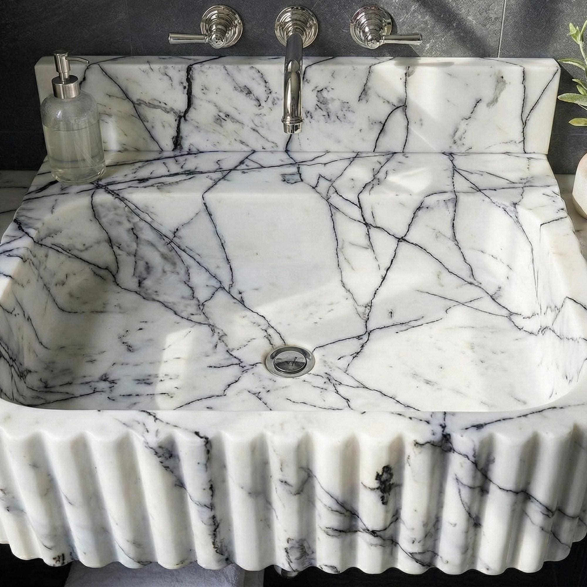 Hand Carved Lilac Marble Sink, Wall Mounted Vanity, Powder Room Stone Sink