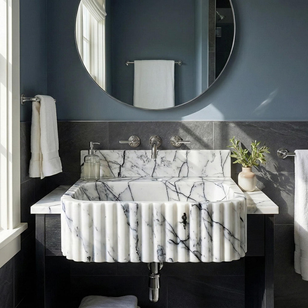 Hand Carved Lilac Marble Sink, Wall Mounted Vanity, Powder Room Stone Sink