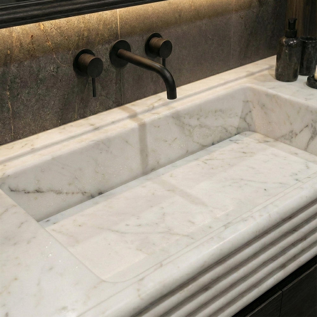 Handmade Carrara Marble Wall Mounted Sink, Floating Carrara Marble Sink With Vanity