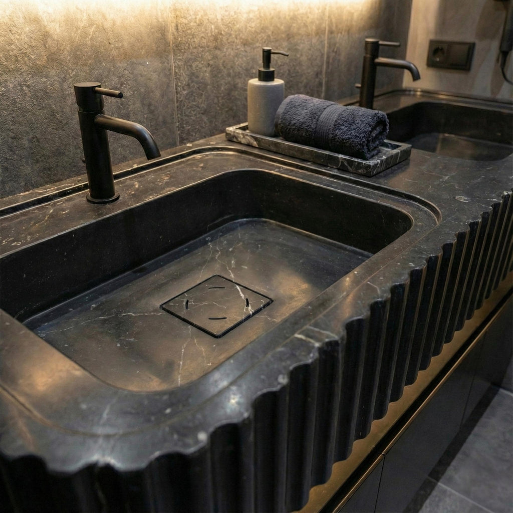 Black Nero Marquina Double Sink Vanity, Fluted Marble Wall Mount Basin, Luxury Solid Stone Vessel Sink