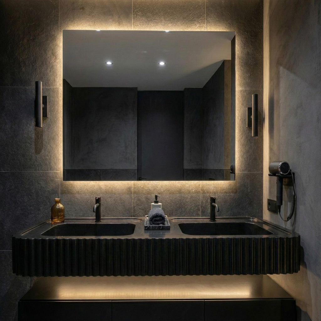 Black Nero Marquina Double Sink Vanity, Fluted Marble Wall Mount Basin, Luxury Solid Stone Vessel Sink
