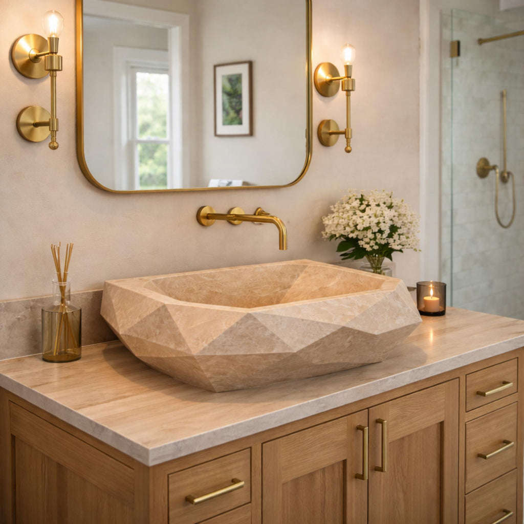Natural Travertine Sink, Wall Mounted Sink, Fluted Marble Sink Basin
