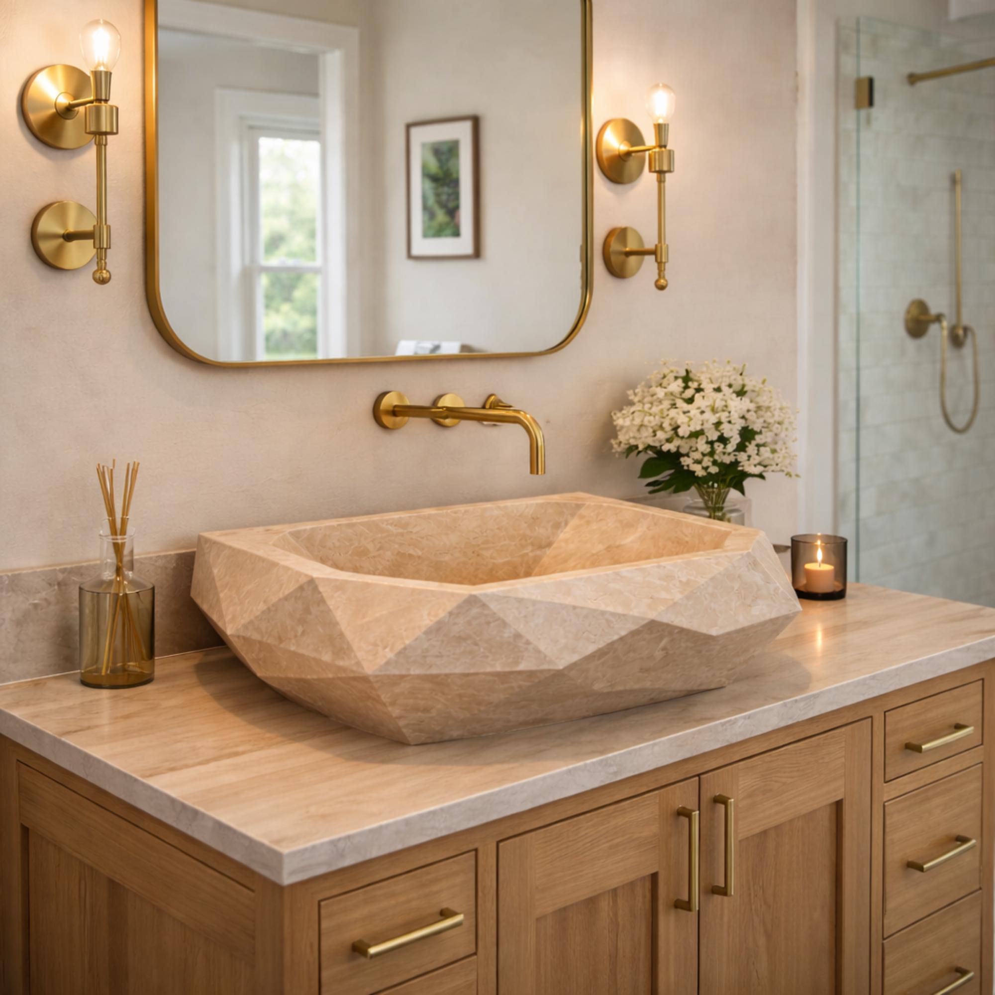 Natural Travertine Sink, Wall Mounted Sink, Fluted Marble Sink Basin