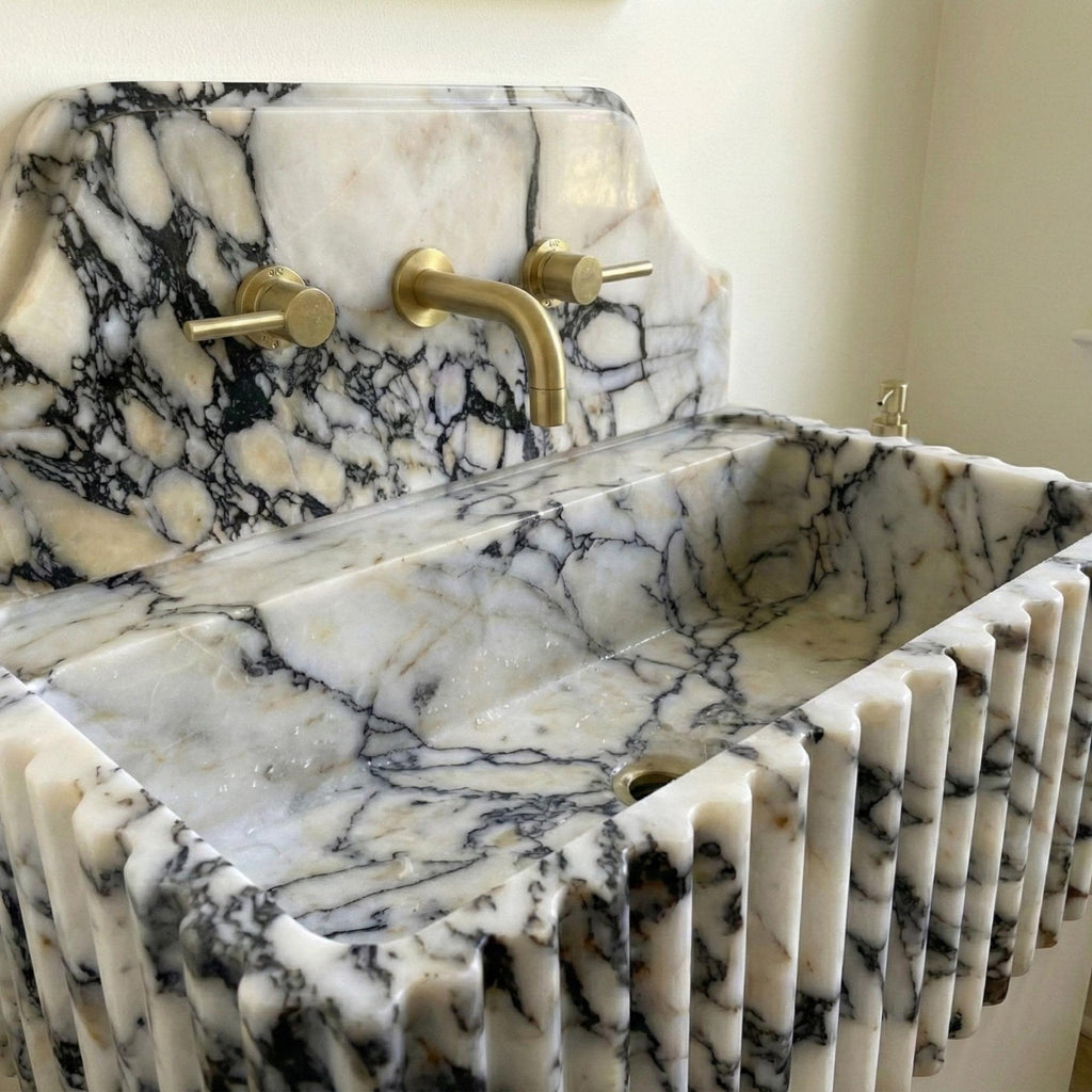 Calacatta Viola Marble Sink and Backsplash, Unique Marble Basin, Custom Size Hand Carved Viola Marble Sink, Bathroom Vanity