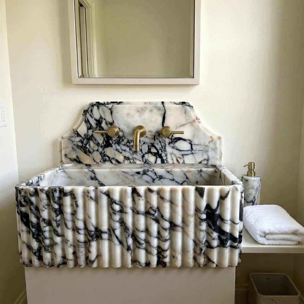 Calacatta Viola Marble Sink and Backsplash, Unique Marble Basin, Custom Size Hand Carved Viola Marble Sink, Bathroom Vanity