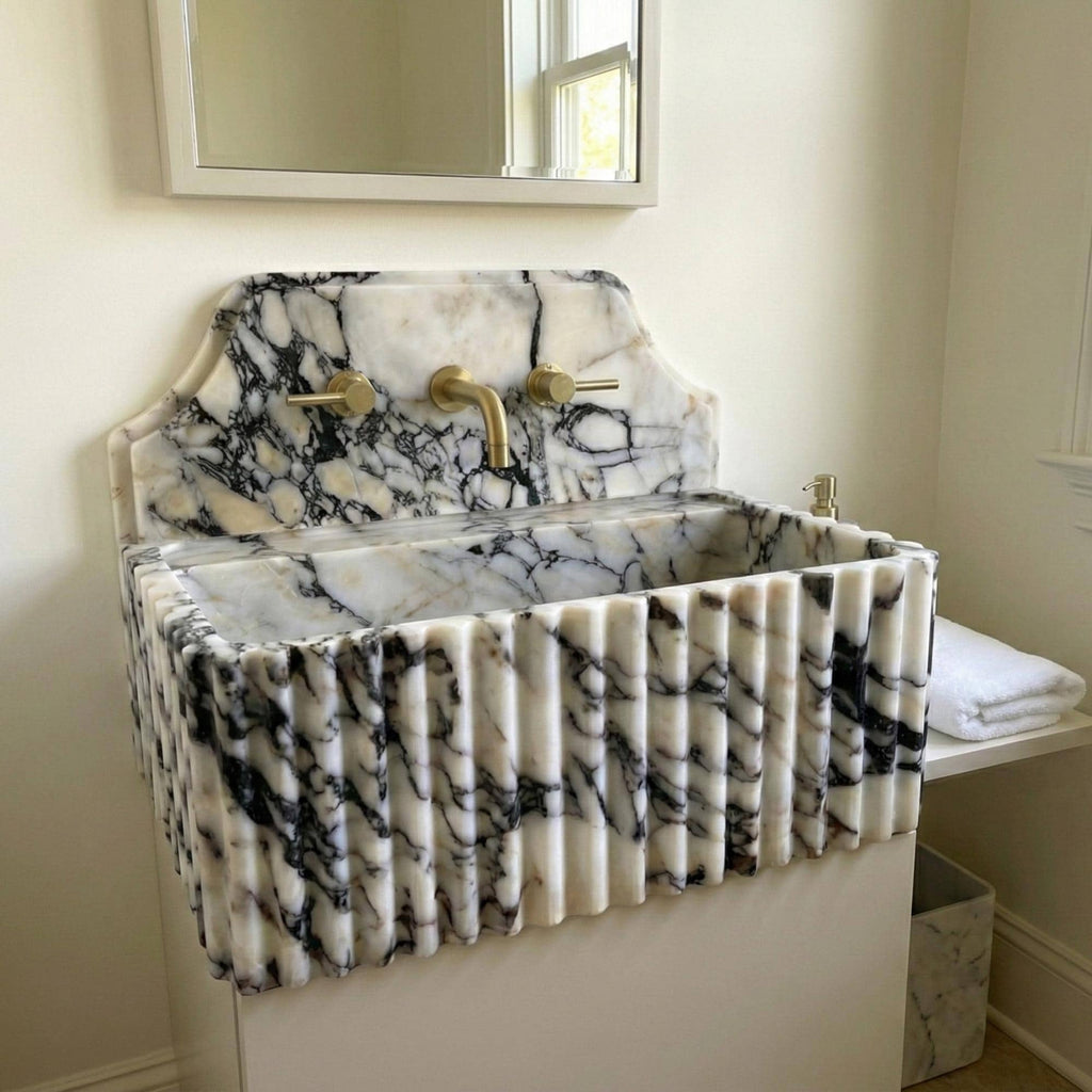 Calacatta Viola Marble Sink and Backsplash, Unique Marble Basin, Custom Size Hand Carved Viola Marble Sink, Bathroom Vanity