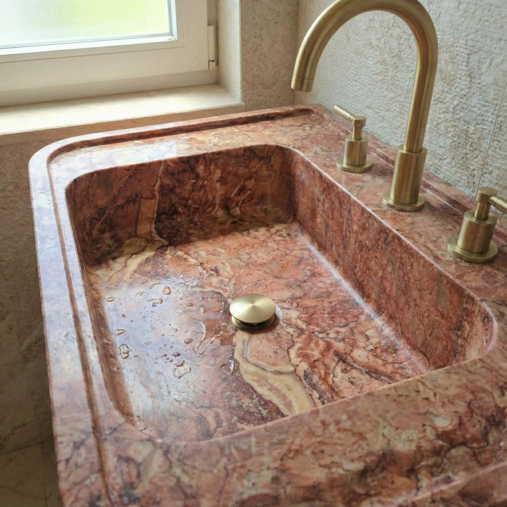 Red Travertine Marble Sink, Powder Room Marble Sink, Wall Mount Marble Sink, Marble Floating Sink