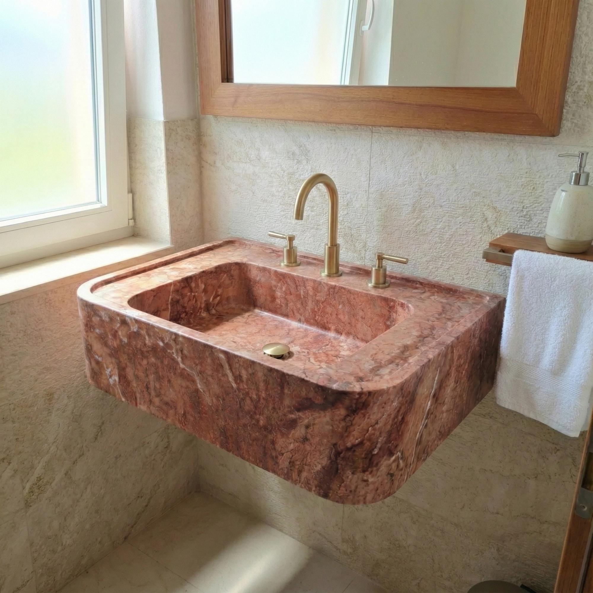 Red Travertine Marble Sink, Powder Room Marble Sink, Wall Mount Marble Sink, Marble Floating Sink