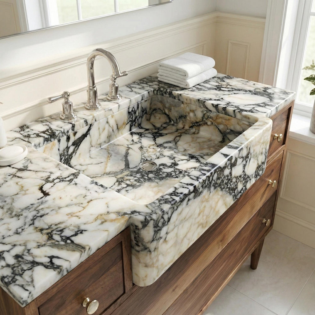 Handmade Calacatta Marble Vanity Sink, Custom Marble Bathroom Vanity with Marble Sink and Ramp Basin for Modern Home Decor