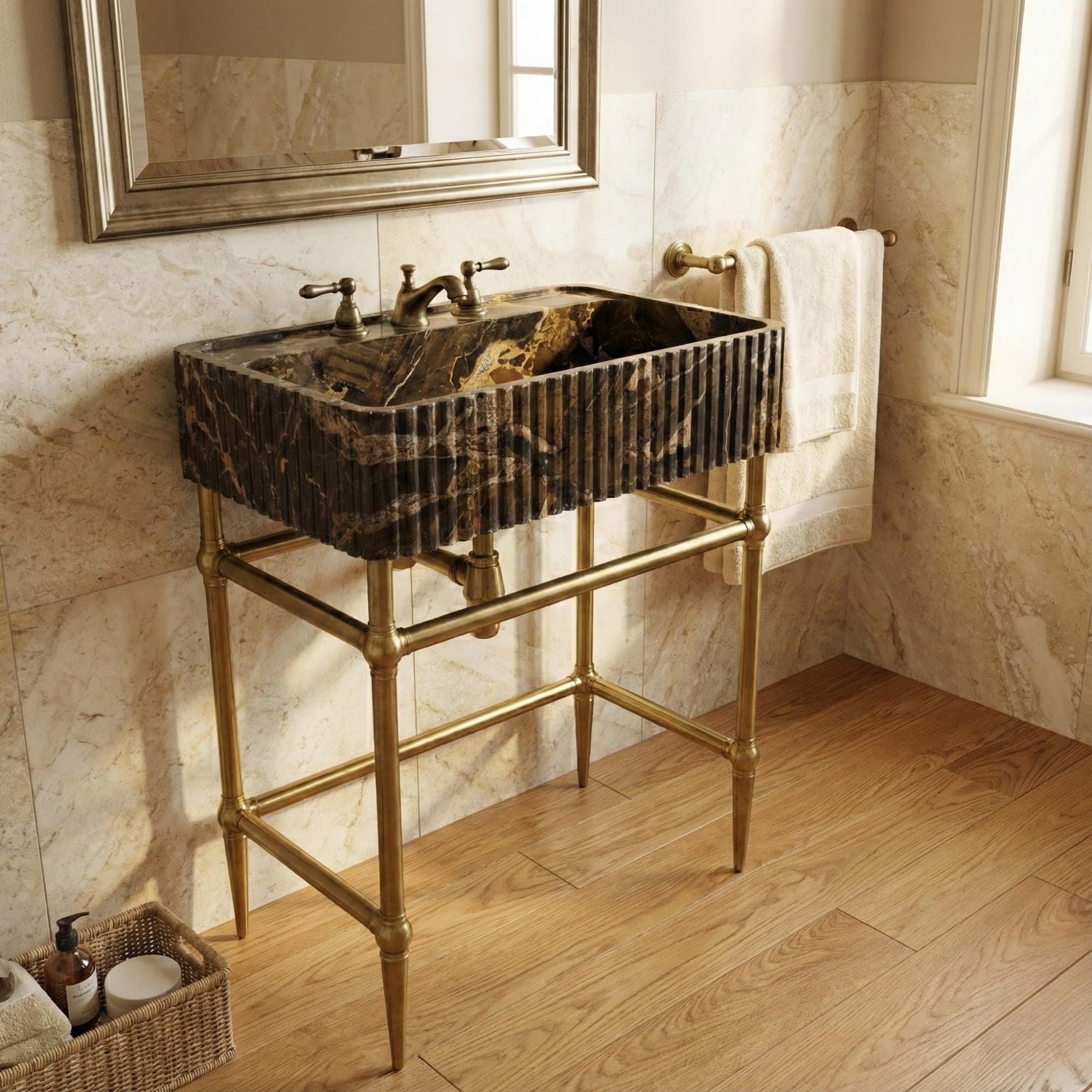 Fluted Picasso Marble Sink, Fluted Wall Mount Natural Stone Basin for Powder Room Vanity