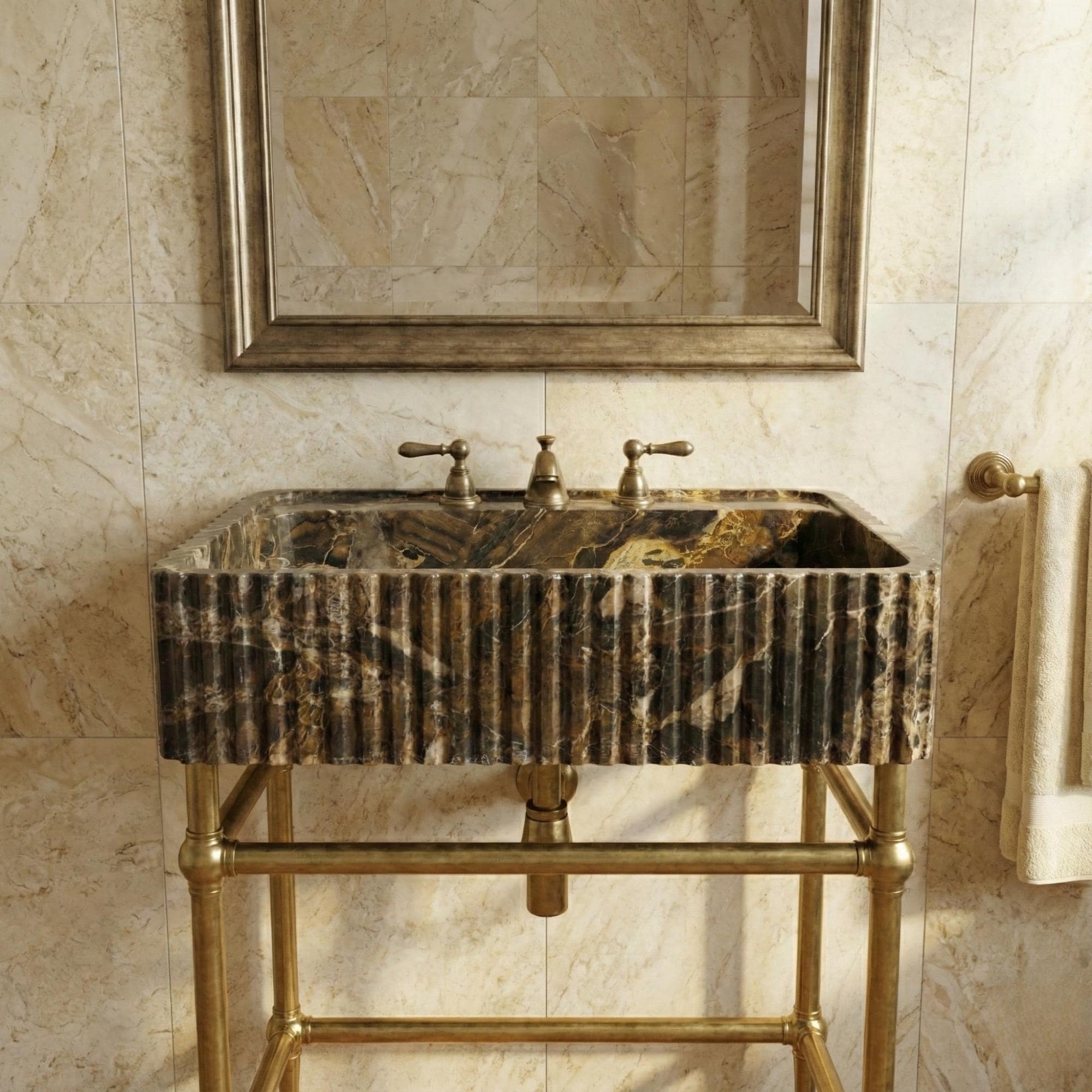 Fluted Picasso Marble Sink, Fluted Wall Mount Natural Stone Basin for Powder Room Vanity