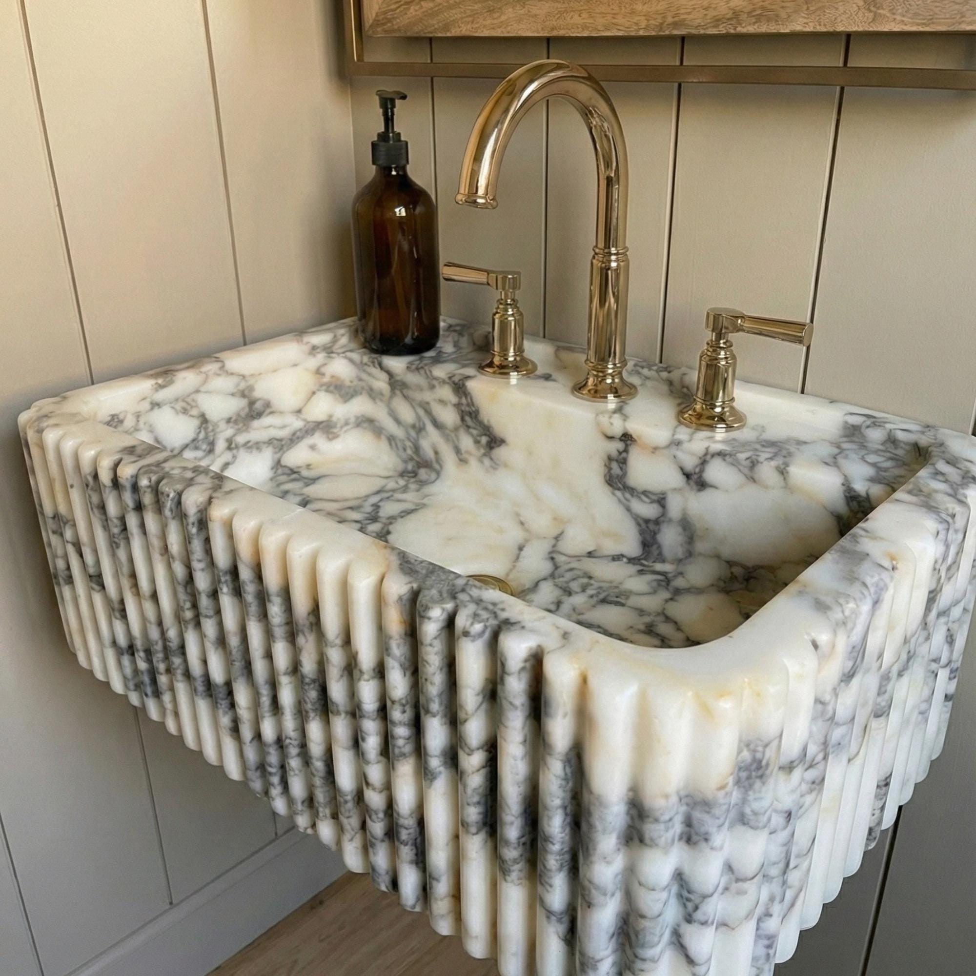 Calacatta Viola Marble Sink, Powder Room Calacatta Viola Marble Sink Three Sides Ribbed Texture