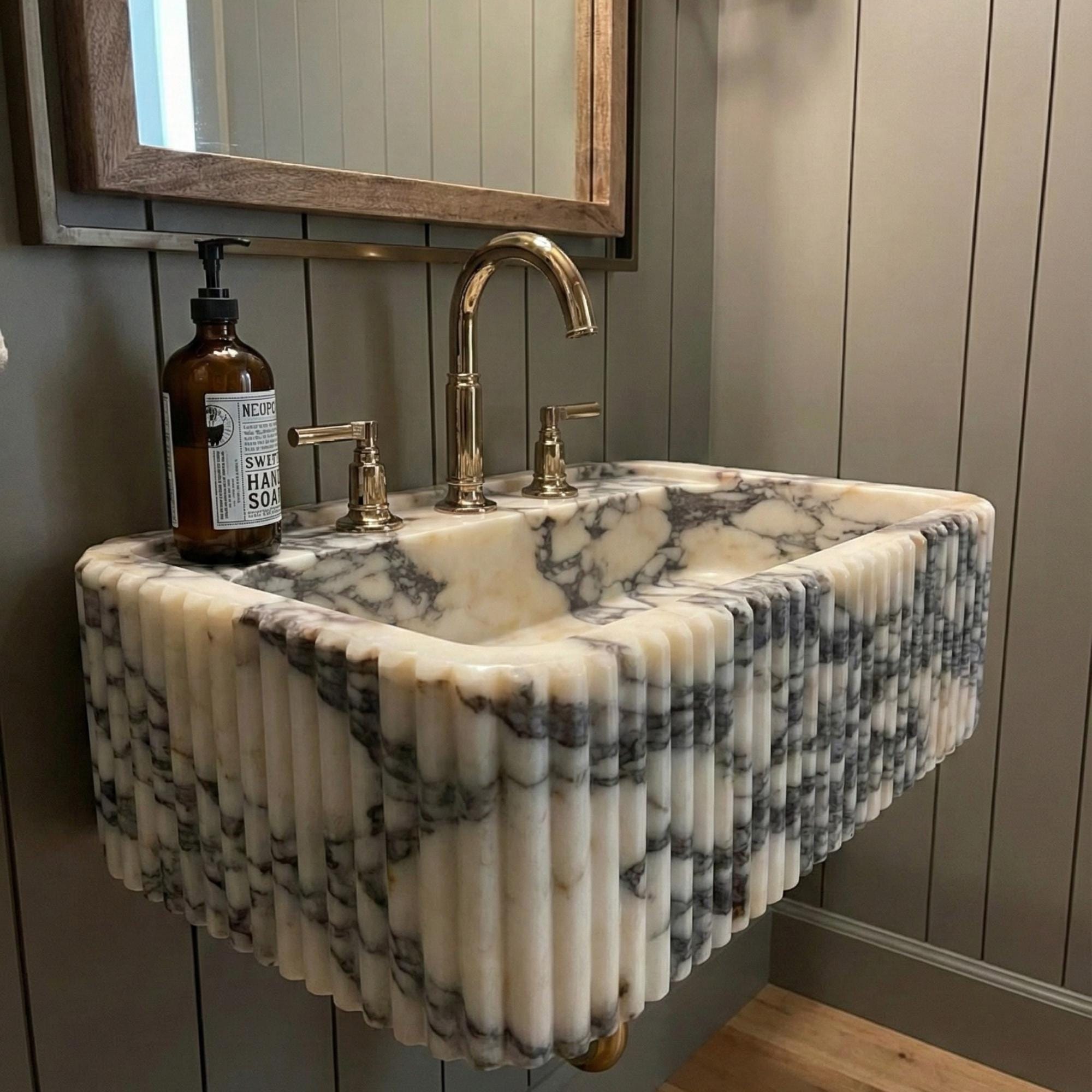 Calacatta Viola Marble Sink, Powder Room Calacatta Viola Marble Sink Three Sides Ribbed Texture