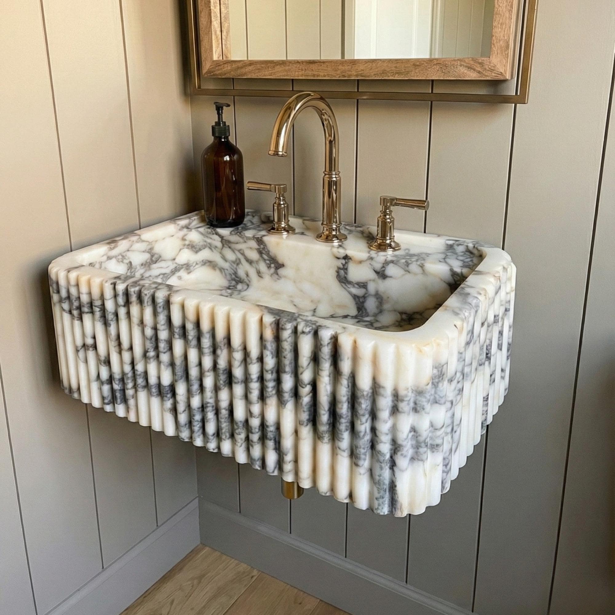 Calacatta Viola Marble Sink, Powder Room Calacatta Viola Marble Sink Three Sides Ribbed Texture