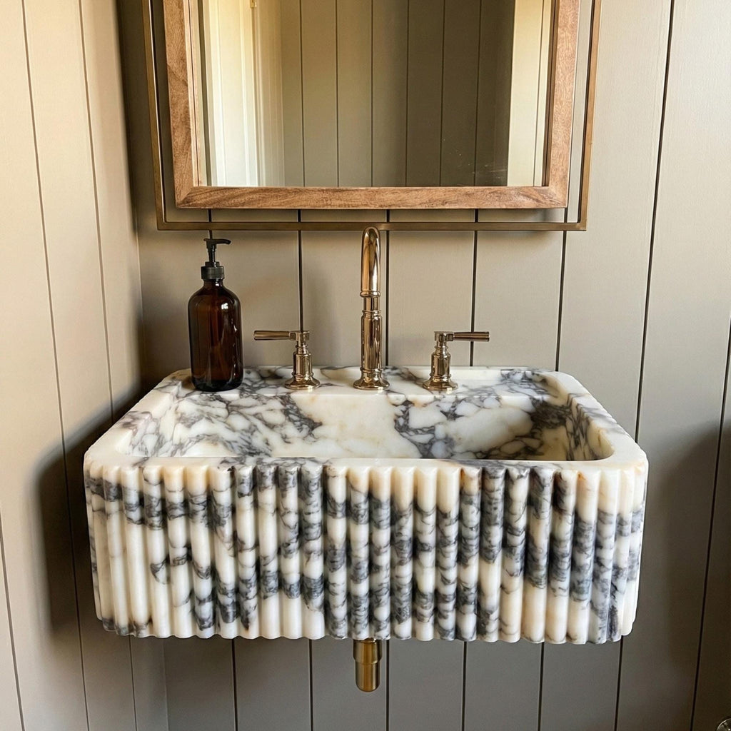 Calacatta Viola Marble Sink, Powder Room Calacatta Viola Marble Sink Three Sides Ribbed Texture