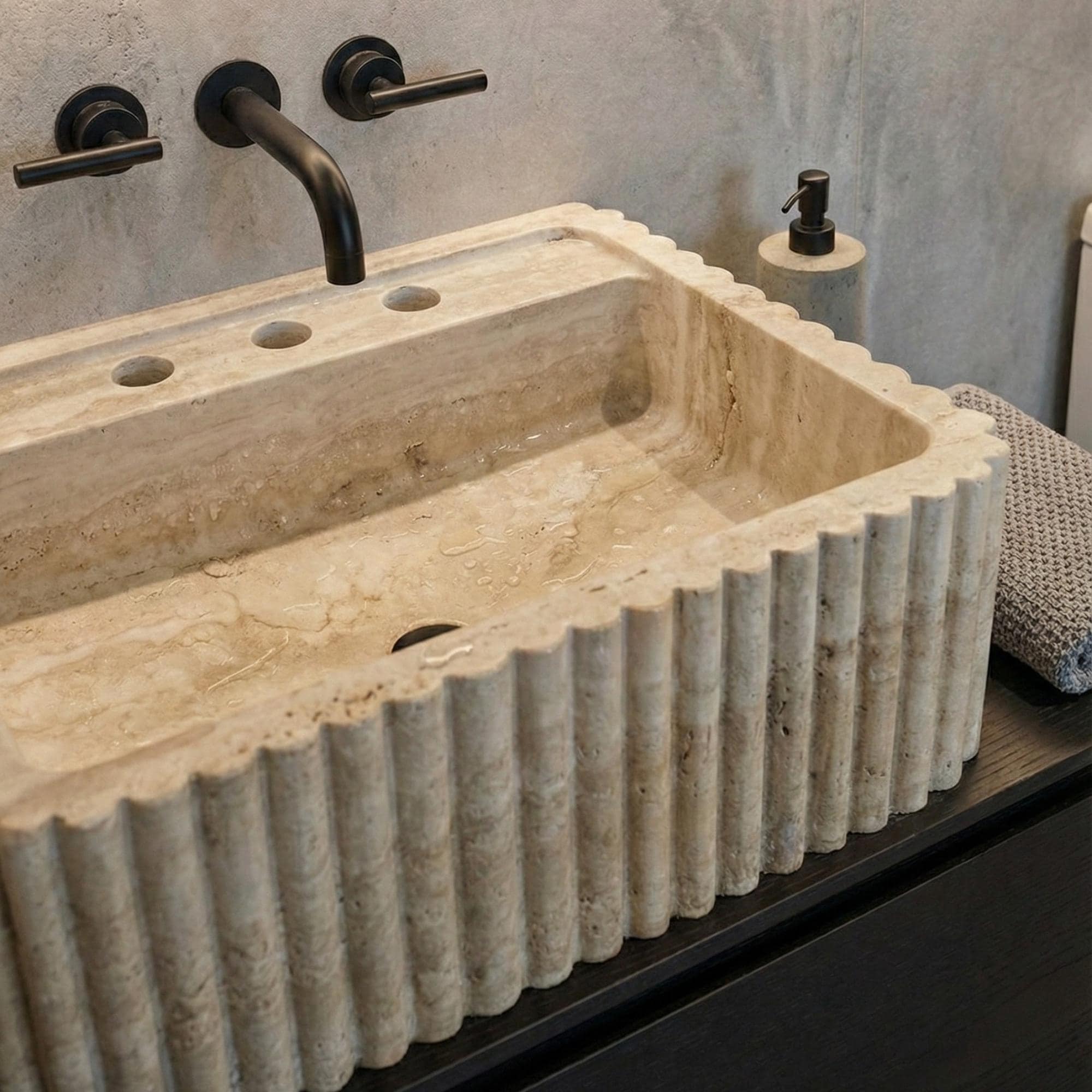 Custom Size Travertine Bathroom Sink, Powder Room Travertine Marble Sink Three Sides Ribbed Texture