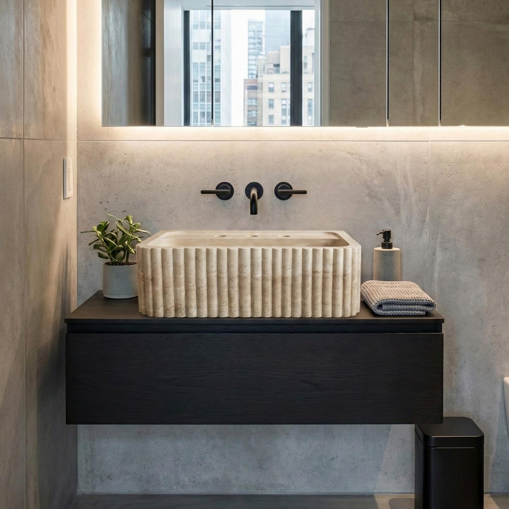 Custom Size Travertine Bathroom Sink, Powder Room Travertine Marble Sink Three Sides Ribbed Texture