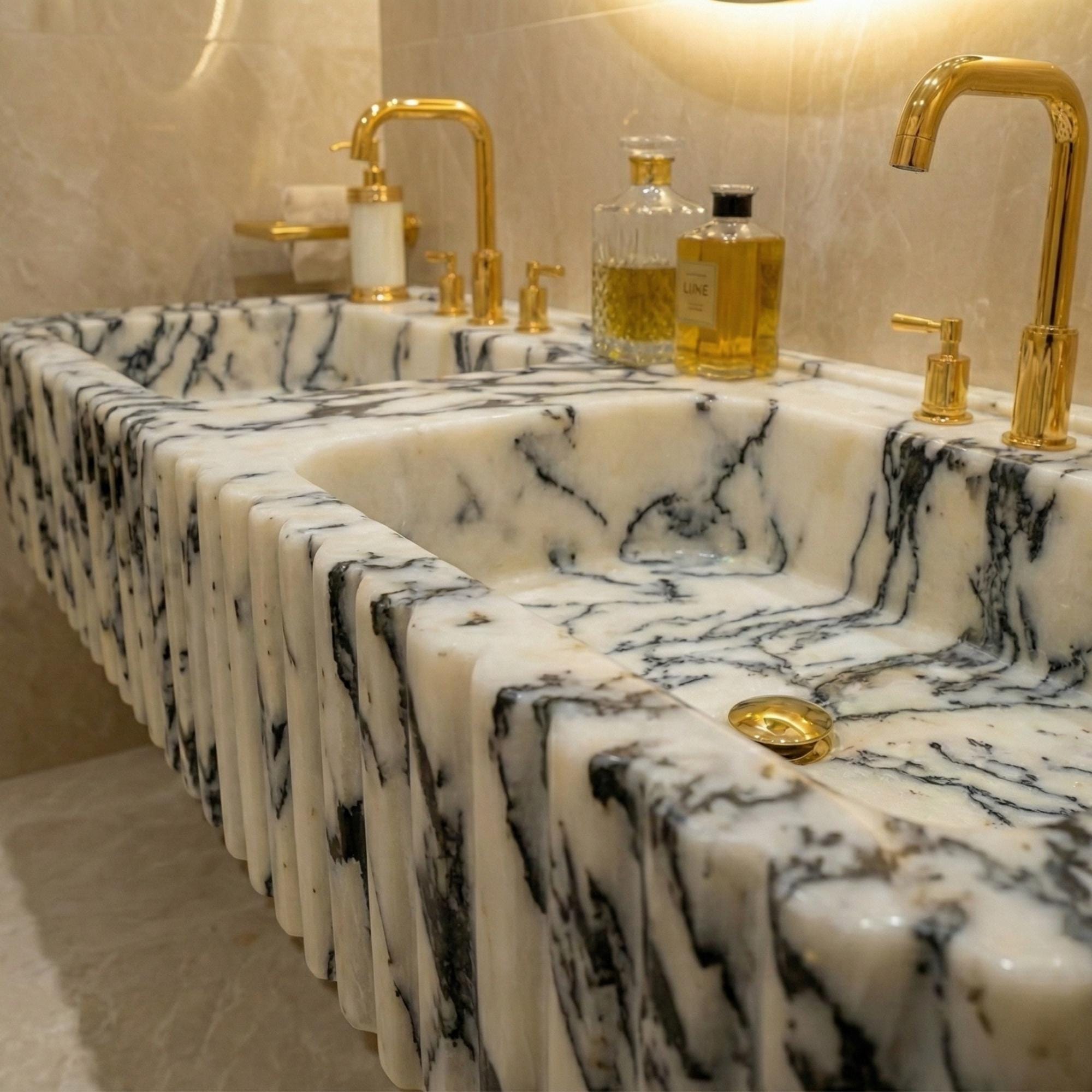 Calacatta Viola Marble Double Bathroom Sink, Fluted Front Marble Vanity Sink, Wall Mount Handmade Bathroom Basin