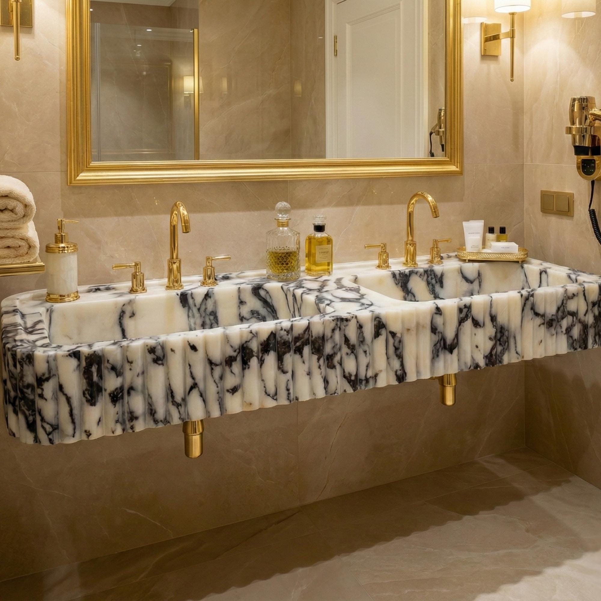 Calacatta Viola Marble Double Bathroom Sink, Fluted Front Marble Vanity Sink, Wall Mount Handmade Bathroom Basin