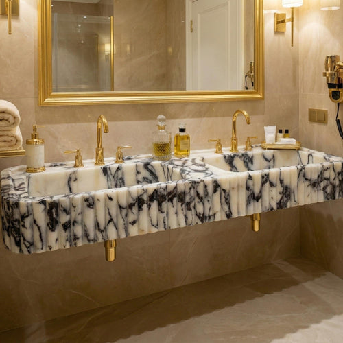 Calacatta Viola Marble Double Bathroom Sink, Fluted Front Marble Vanity Sink, Wall Mount Handmade Bathroom Basin