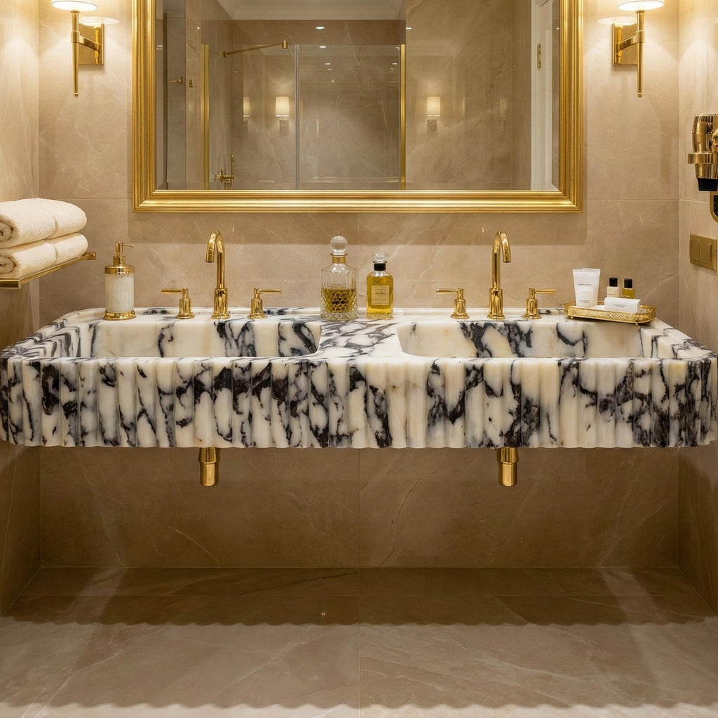 Calacatta Viola Marble Double Bathroom Sink, Fluted Front Marble Vanity Sink, Wall Mount Handmade Bathroom Basin