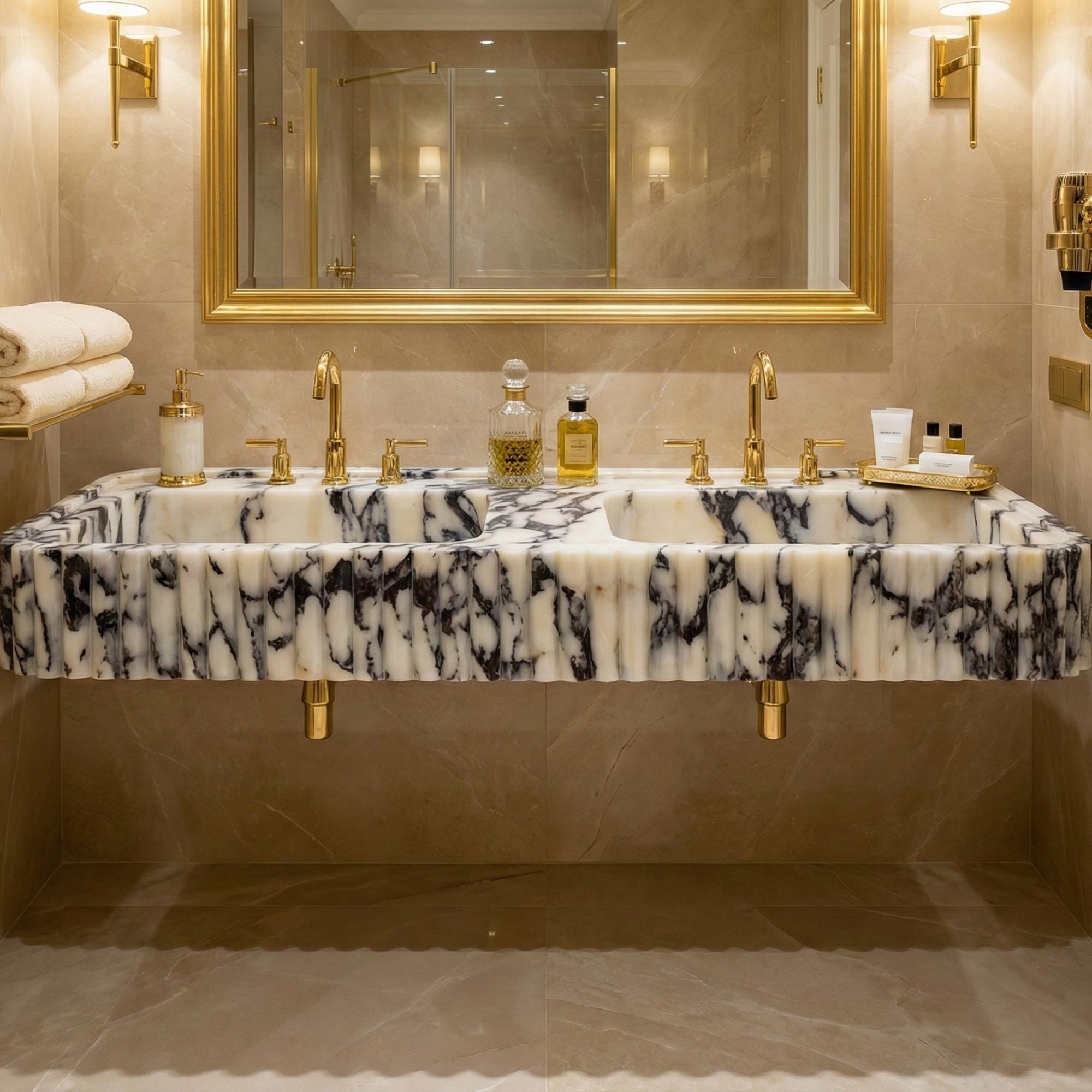 Calacatta Viola Marble Double Bathroom Sink, Fluted Front Marble Vanity Sink, Wall Mount Handmade Bathroom Basin