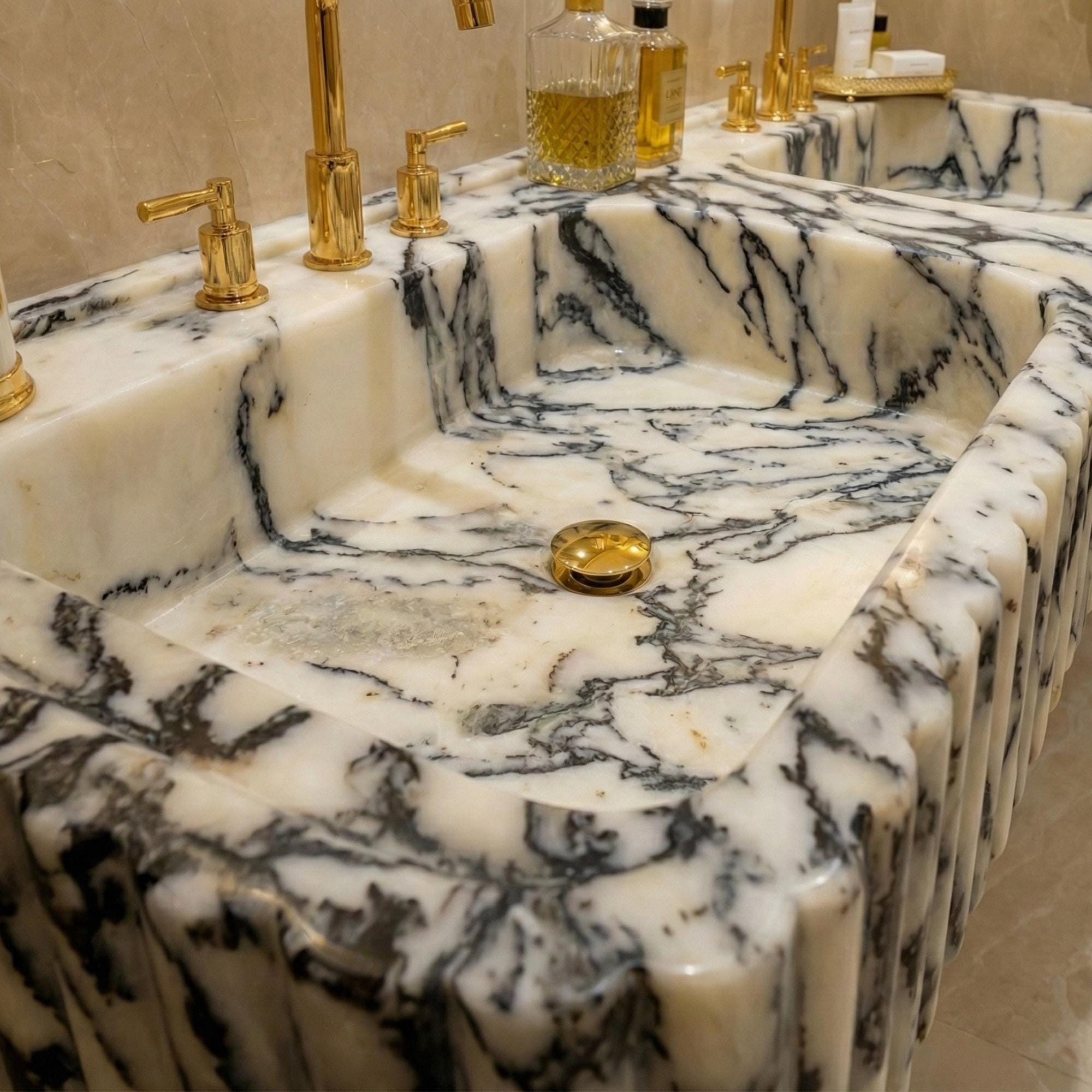 Calacatta Viola Marble Double Bathroom Sink, Fluted Front Marble Vanity Sink, Wall Mount Handmade Bathroom Basin